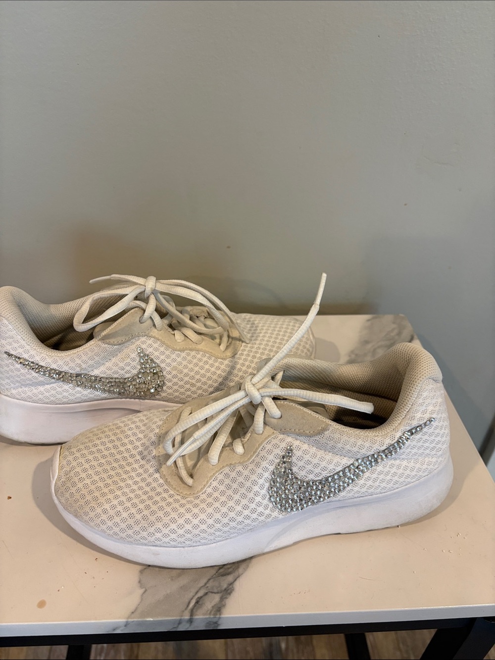 Nike White Women's Athletic Sneakers with Silver Crystal Swoosh